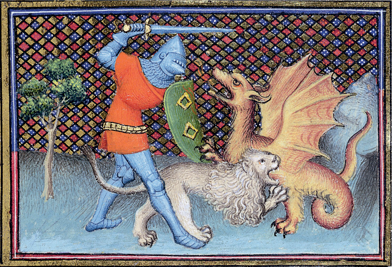 Iluminura. À esquerda, uma pequena árvore e um cavaleiro vestindo uma armadura de metal e uma túnica curta da cor vermelha, segurando um escudo verde numa mão e uma espada na outra. Ele está atacando um dragão, à direita. Abaixo do homem, um leão morde corpo do dragão. O fundo é quadriculado nas cores azul, vermelho e amarelo.