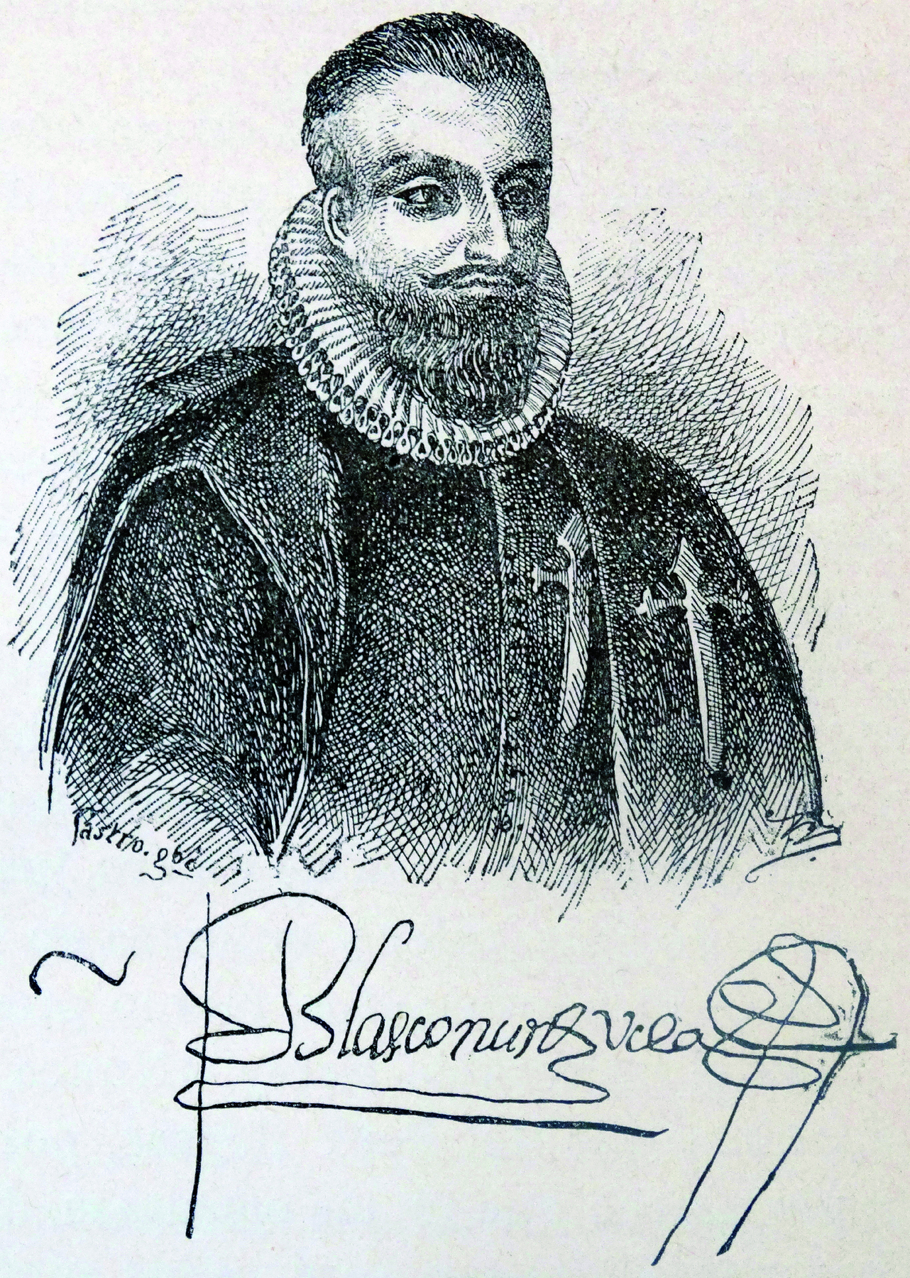 Gravura em preto e branco. Busto de homem com barba usando casaco comprido com rufo (gola alta plissada ao redor do pescoço). Abaixo, sua assinatura.
