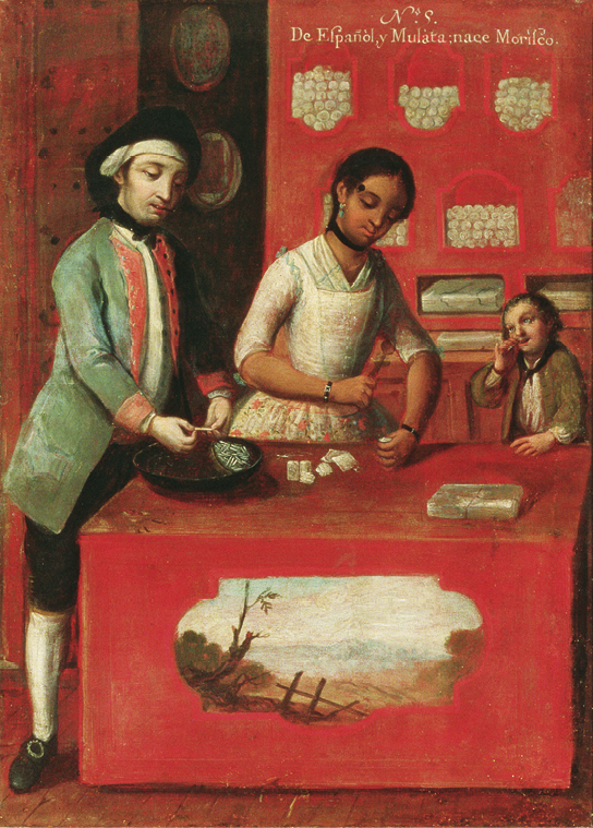 Pintura. Um homem branco e uma mulher indígena manuseando alimentos em cima de uma mesa, com uma criança mestiça sentada ao lado observando-os.