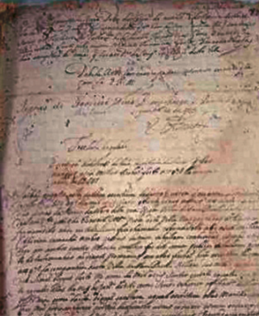 Fotografia. Vista parcial de um manuscrito. Folha de papel amarelada com texto manuscrito em tinta preta, ilegível.