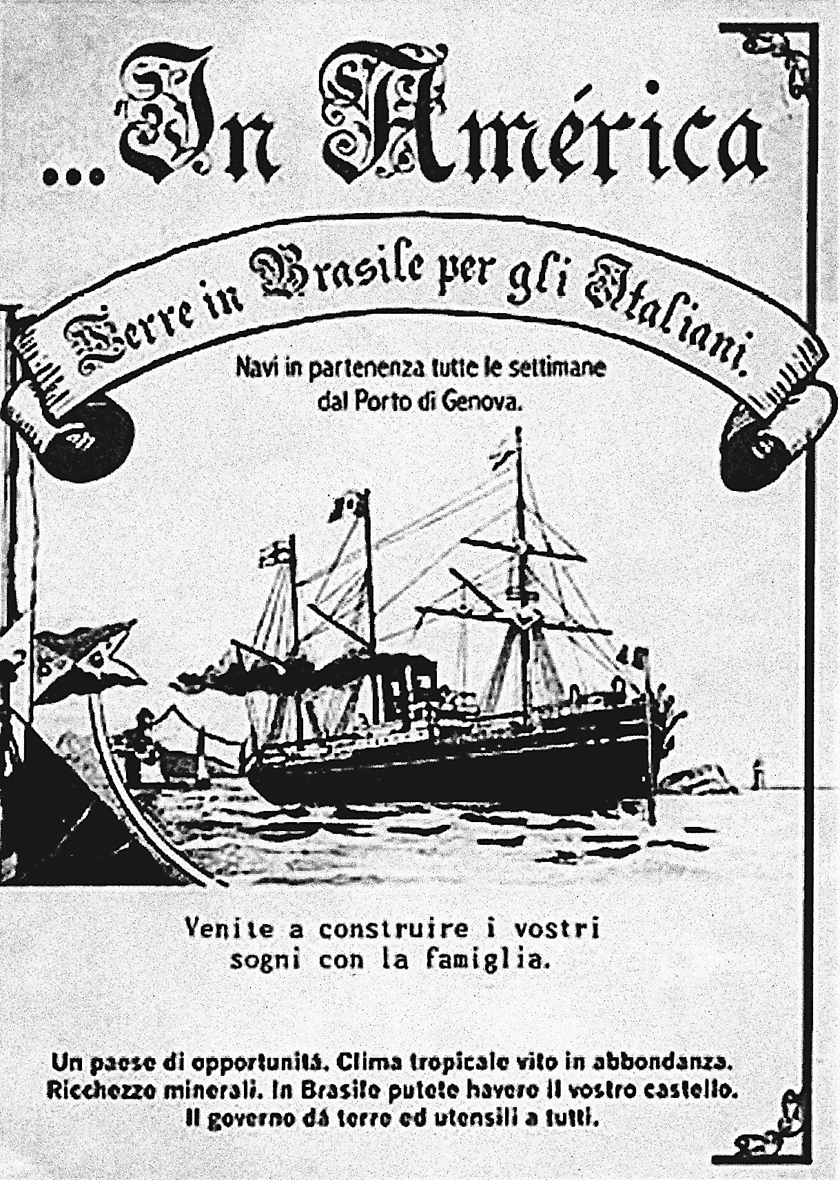 Cartaz em preto e branco. Na parte superior, o título, em língua italiana. Abaixo do título, a ilustração de um grande navio.