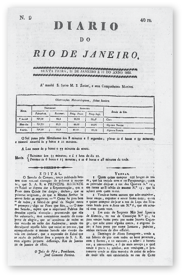 Capa de jornal em preto e branco. Reprodução de uma página do antigo jornal Diário do Rio de Janeiro. Abaixo do título, vê-se uma tabela e, logo abaixo, duas colunas com textos escritos.