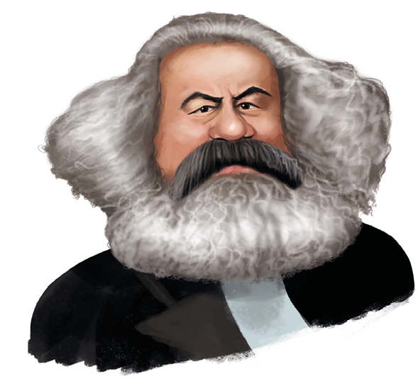 Caricatura. Representa o rosto de dois homens. Acima, Karl Marx. Ele aparece como um homem de rosto largo e redondo. Tem o cabelo e barba cheios e brancos. O bigode é escuro e os olhos pequenos. Sua barba e os cabelos laterais à cabeça são representados de forma bastante desproporcional. Abaixo, Friedrich Engels. Ele é representado como um homem de cabelo grisalho, penteado para trás. As costeletas são grossas e emendam na longa barba grisalha. Seu bigode é representado de forma bastante avantajada.