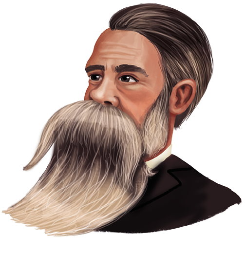 Caricatura. Representa o rosto de dois homens. Acima, Karl Marx. Ele aparece como um homem de rosto largo e redondo. Tem o cabelo e barba cheios e brancos. O bigode é escuro e os olhos pequenos. Sua barba e os cabelos laterais à cabeça são representados de forma bastante desproporcional. Abaixo, Friedrich Engels. Ele é representado como um homem de cabelo grisalho, penteado para trás. As costeletas são grossas e emendam na longa barba grisalha. Seu bigode é representado de forma bastante avantajada.