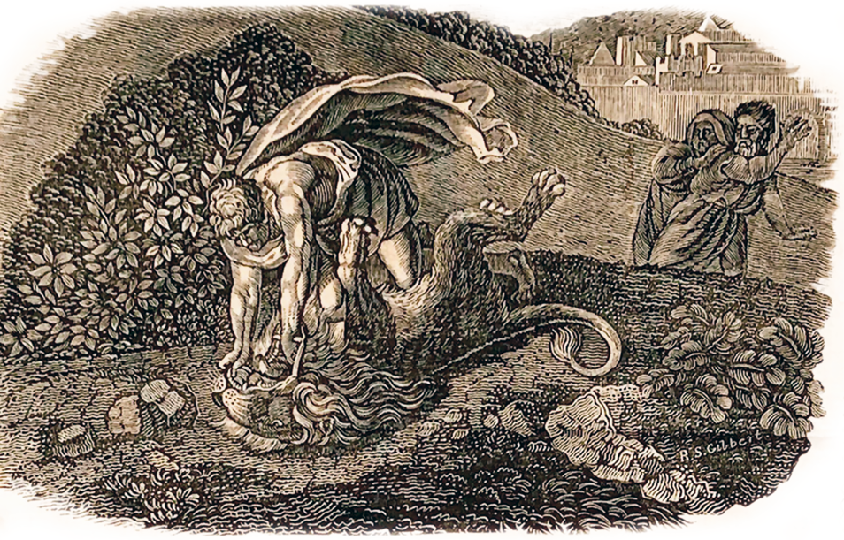 Ilustração. Imagem de um homem lutando contra um leão. O homem veste uma capa branca esvoaçante e está tentando dominar o leão, que está deitado no chão e luta com as patas para cima. Ao fundo, duas pessoas assustadas assistem à cena.