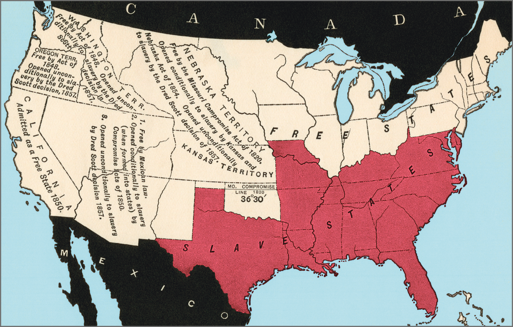 Mapa. Mapa de 1857 representando o território dos Estados Unidos ao centro e o Canadá acima e o México na parte debaixo, ambos representados na cor preta. O território dos Estados Unidos está dividido em oito partes. Em vermelho, as porções sul e sudeste  estão identificadas como Estados escravistas. O nordeste e o norte, no entorno da região dos Grandes Lagos, compõem uma área identificada como Estados livres. A porção central do território é identificada como Território do Nebraska e Território do Kansas. Mais a oeste estão Califórnia, Território de Washington e Óregon.