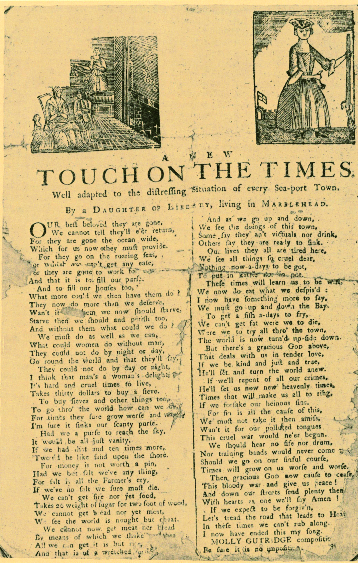Panfleto. Página amarelada com imagens em preto e branco na parte superior, um título em preto embaixo delas, e, logo abaixo, duas colunas de texto, escrito em preto.