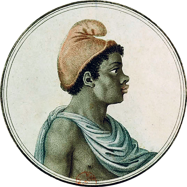 Gravura. Busto de um homem negro de perfil. Ele usa um gorro vermelho e uma túnica azulada sobre o ombro, que pende sobre o torso.