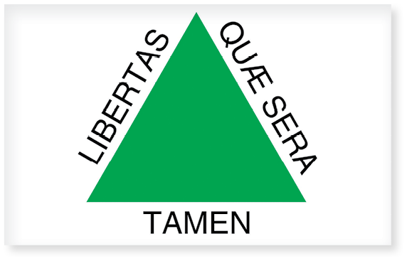 Bandeira. Triângulo verde contido em um retângulo branco. Em torno dos lados do triângulo, inscrição em latim.