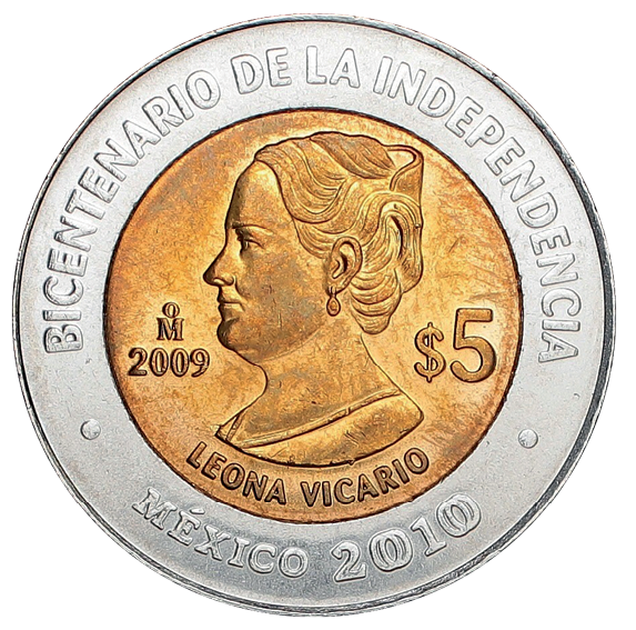 Fotografia. Moeda dourada com o busto de perfil de uma mulher de cabelo preso, com brinco e de pescoço largo. A borda da moeda é prateada e tem inscrições em espanhol.