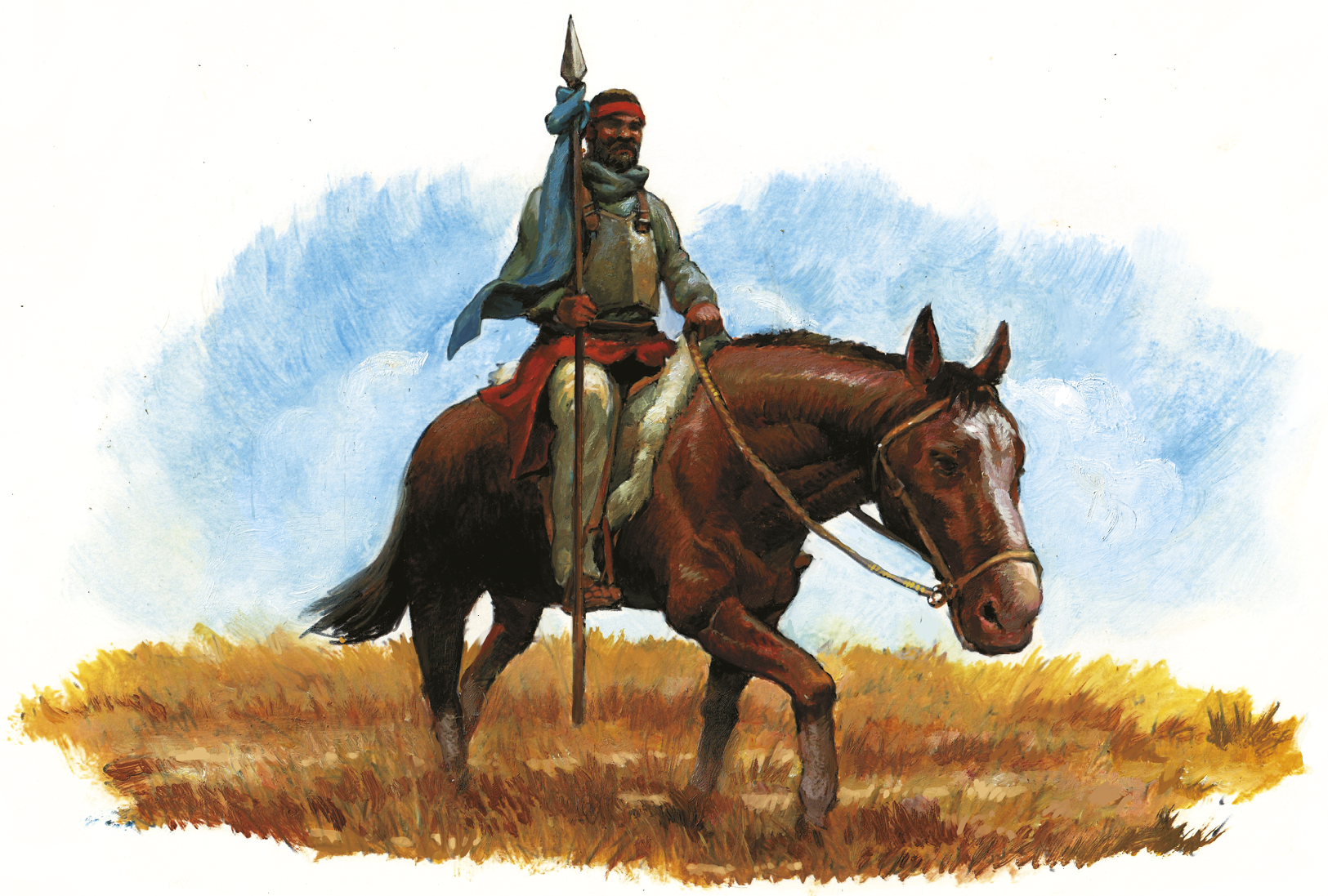 Ilustração. Homem negro montado a cavalo em ambiente aberto, com solo em vegetação rasteira e marrom e céu azul ao fundo. O homem usa uma faixa vermelha na cabeça, um lenço no pescoço, uma manta vermelha na cintura, está descalço e segura uma lança pontuda com um pano azul amarrado na ponta.