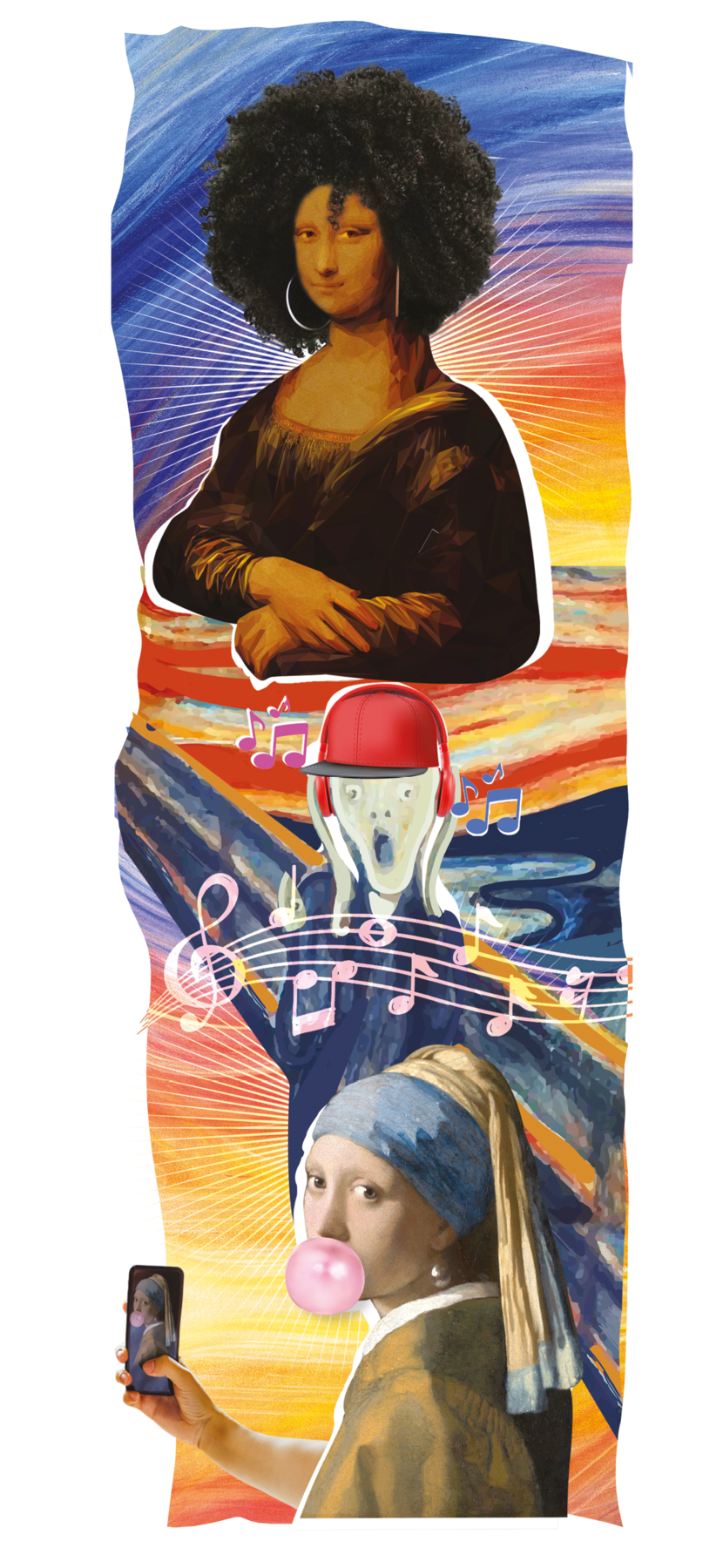 Ilustração. Montagem feita a partir de três pinturas da história da arte. No alto, o rosto e o tronco da Monalisa, de Leonardo da Vinci, com cabelos pretos, compridos e crespos, pele negra e usando brincos de argola. Ao fundo, pintura colorida com tons de azul e variações de amarelo e vermelho na parte debaixo. Abaixo da Monalisa, há o personagem da pintura O grito, de Edward Munch. Ele tem a boca aberta e os olhos arregalados, tendo uma expressão de espanto, e usa fones de ouvido e boné vermelhos. Está com as mãos na lateral do rosto. Ao redor dele, notas musicais em cor rosa, azul e lilás. Abaixo dele, a Moça com brinco de pérola, do pintor Vermeer, usando um lenço azul ao redor da cabeça e brinco de pérola. Ela está fazendo uma bola com goma de mascar e tirando uma foto de si com um telefone celular. Ela e o personagem de O grito parecem estar em cima de uma ponte.