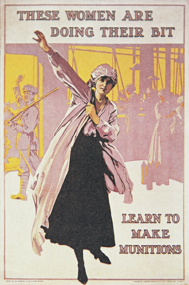 Cartaz. Mulher de vestido preto e um casaco longo rosa por cima, está com um dos braços levantados. Usa um lenço nos cabelos na mesma cor do casaco. Ao fundo, outras mulheres e um militar na porta.