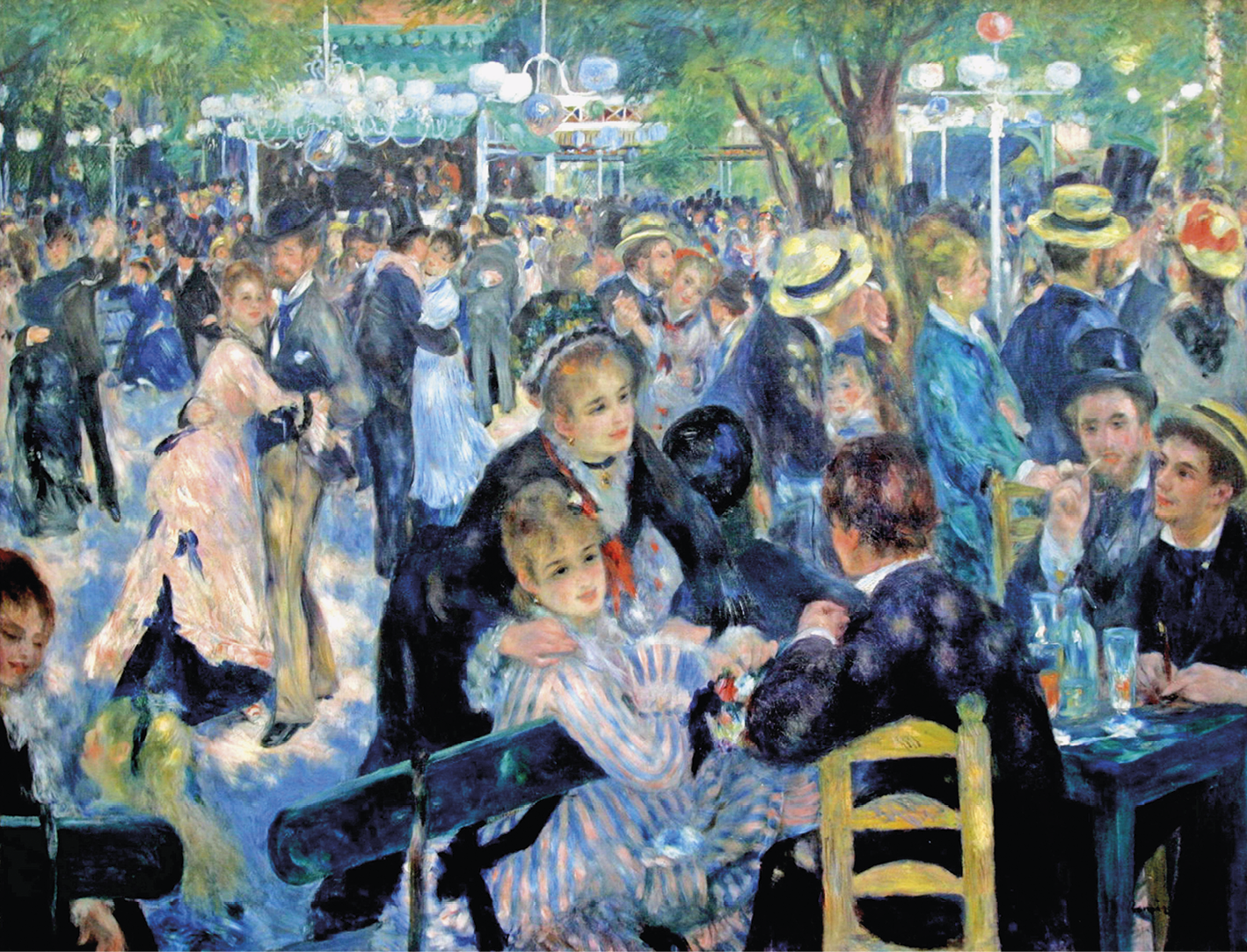 Pintura. Homens e mulheres reunidos em uma área arborizada. As mulheres usam vestidos longos e os homens roupa social e chapéu. À frente, um grupo está sentado, com copos sobre a mesa. Há luminárias entre as árvores.