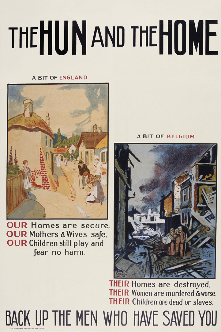 Cartaz. Duas ilustrações separadas compõem o cartaz. À esquerda, representação de famílias em uma vila em um dia ensolarado. À direita, representação de uma cidade em ruínas em um dia nublado. Cada uma das ilustrações é acompanhada de mensagens em inglês.