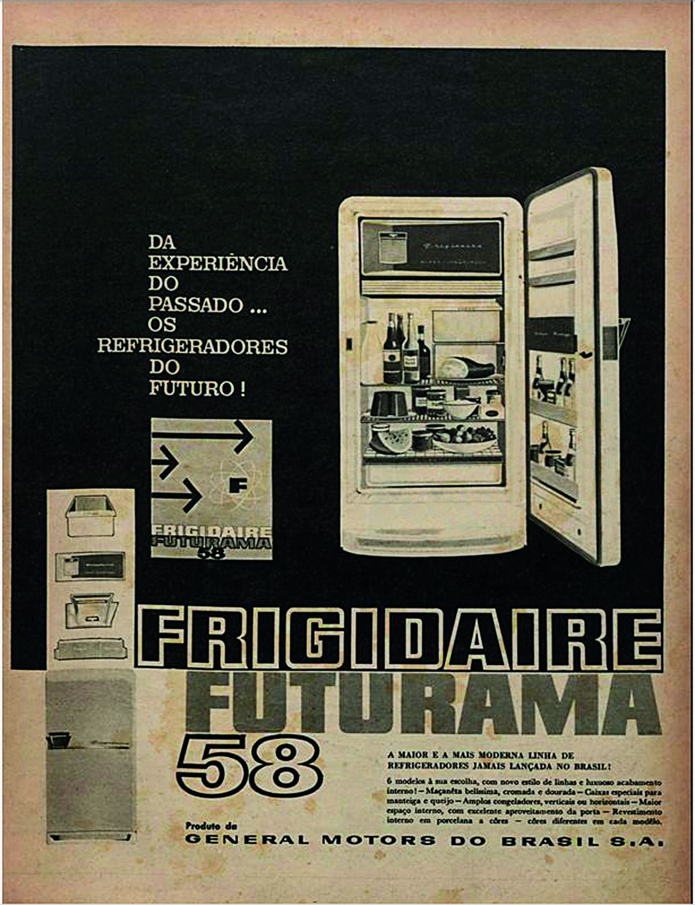 Cartaz. Anúncio de geladeira, de porta aberta. Ao redor, diversas informações e detalhes. No centro, a inscrição: FRIGIDAIRE FUTURAMA 58.