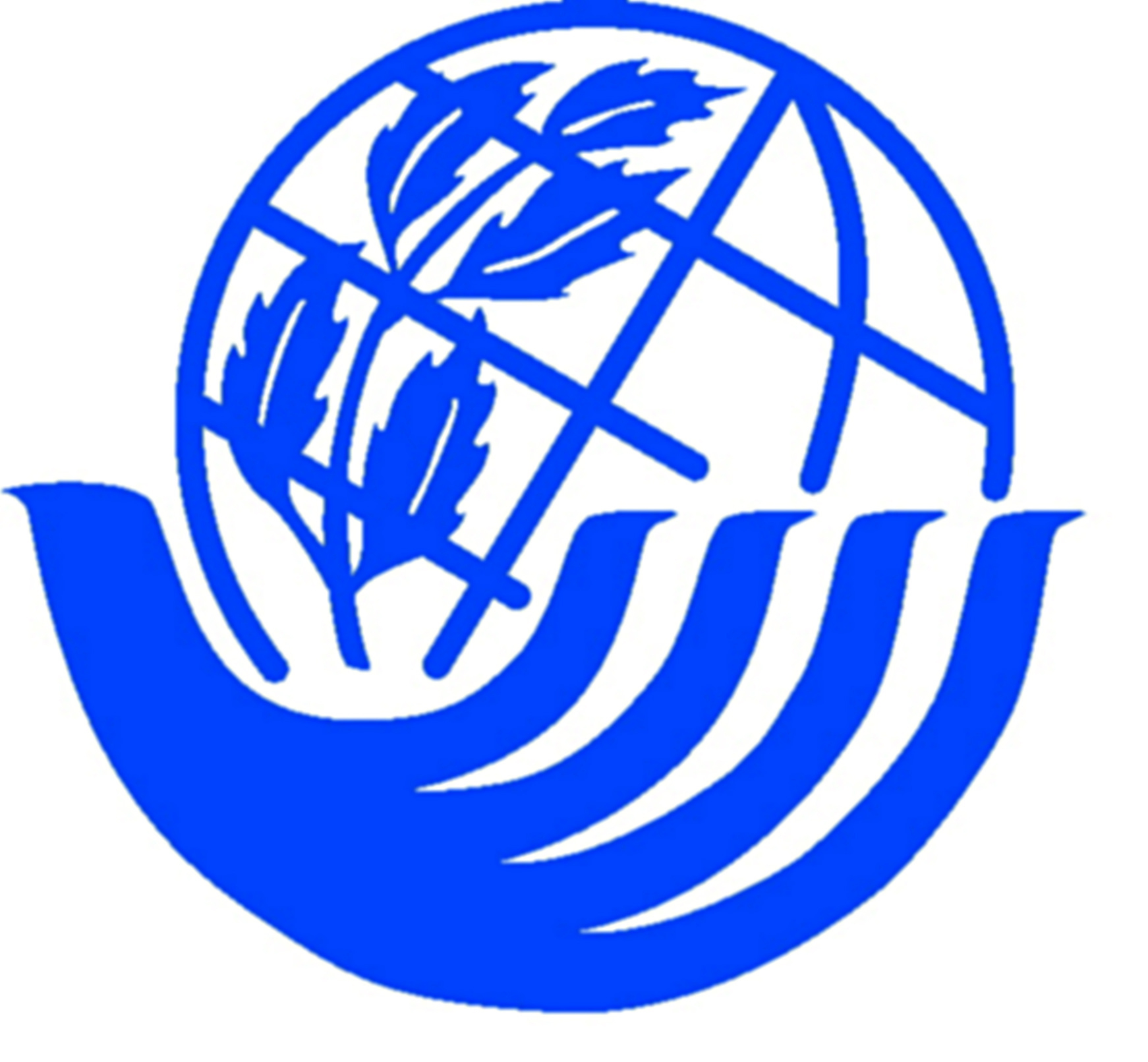 Ilustração. Logotipo. Mão na cor azul, com dedos alongados segurando o globo terrestre inclinado, também azul. Nele o desenho de um ramo.