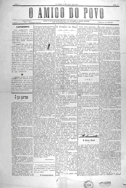 Fotografia em preto. Reprodução da capa do jornal O AMIGO DO POVO. Na parte superior o título. Abaixo, colunas de texto.