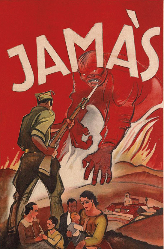 Cartaz. Ilustração de um militar cravando uma lança em criatura grande e vermelha. Ela está com o braço esticado na direção de uma família. Na parte superior do cartaz, há uma mensagem em espanhol.