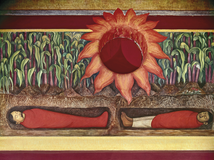 Pintura. Dois corpos enterrados embaixo de uma plantação. O corpo à esquerda é de um homem de bigode com o corpo todo enrolado em um tecido vermelho. O corpo à direita está parcialmente enrolado com um tecido vermelho.