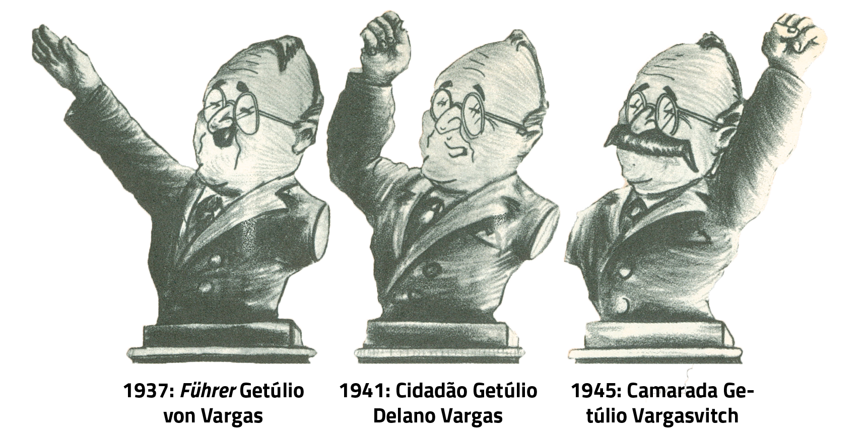Charge em preto e branco. Três bustos de Getúlio Vargas com a indicação de três anos diferentes.
À esquerda, busto de Vargas com o cabelo penteado de lado, óculos e um bigode pequeno e curto. Está com o braço direito levantado e a mão estendida, espalmada para baixo. Veste terno e gravata. Embaixo do busto, a inscrição: 1937: Führer Getúlio von Vargas.
No centro, busto de vargas com pouco cabelo, penteado para trás, sorridente, de óculos. O braço direito está parcialmente levantado, com o punho cerrado. Embaixo, a inscrição: 1941: Cidadão Getúlio Delano Vargas.
À direita, busto de Vargas de cabelos escuros, penteados para trás. Usa óculos e tem um grande bigode escuro. Está com o braço esquerdo levantado e o punho cerrado. Embaixo, a inscrição: 1945: Camarada Getúlio Vargasvitch.