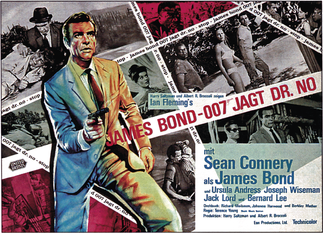 Pôster. James Bond, homem de rosto comprido, testa larga e franzida, cabelos penteados de lado. Usa terno e gravata e empunha uma arma. Ao fundo, imagens do filme.
