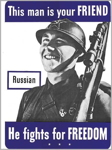 Cartaz. No centro, fotografia em preto e branco de um jovem soldado sorridente portanto uma arma de fogo apoiada em seu ombro. O cartaz apresenta frases em inglês.