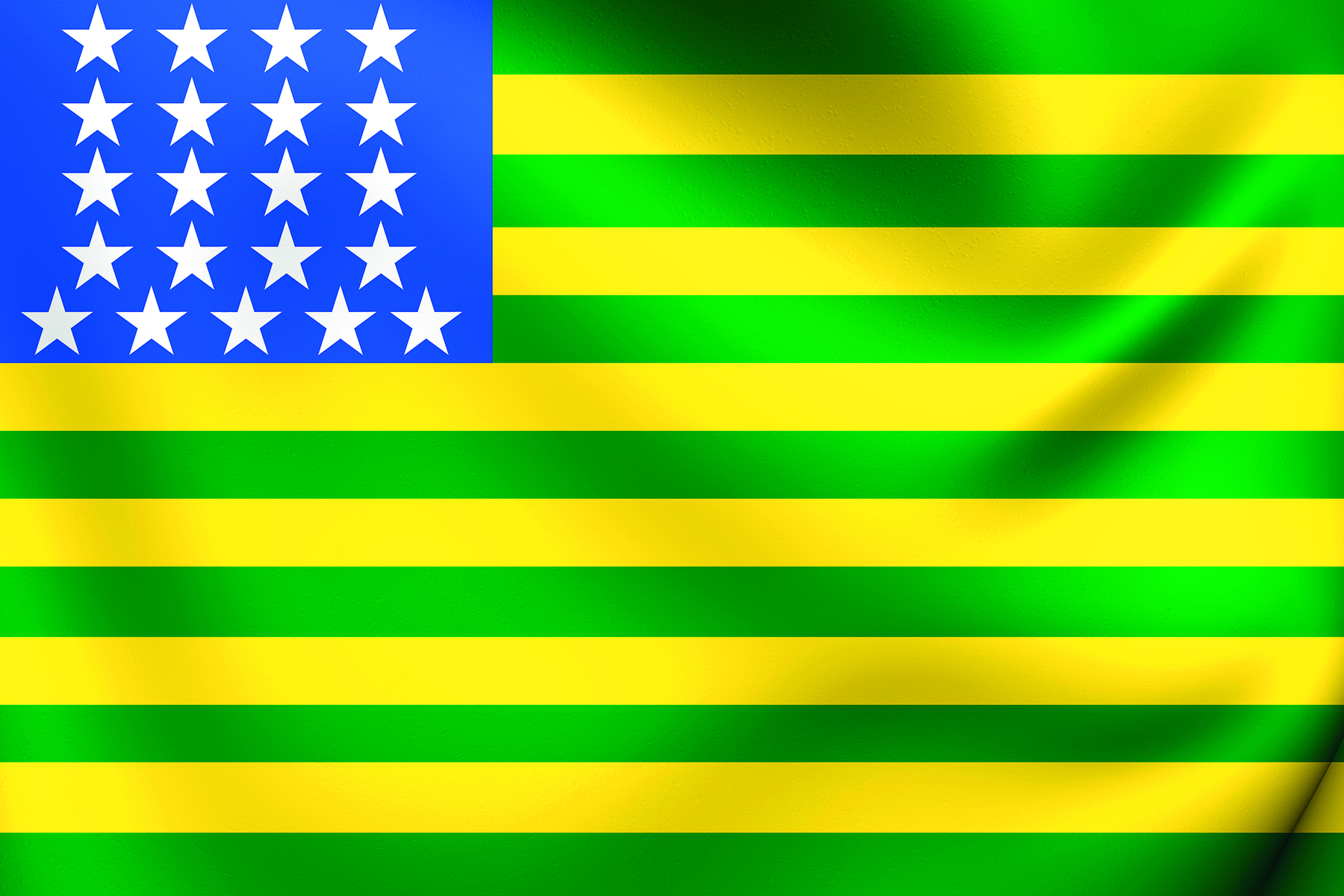 Ilustração. Bandeira retangular com listras finas verdes e amarelas intercaladas horizontalmente; são sete listras verdes e seis amarelas. No canto superior esquerdo um pequeno quadrado azul com vinte e uma estrelas brancas, com quatro linhas contendo quatro estrelas, e uma linha contendo cinco estrelas.