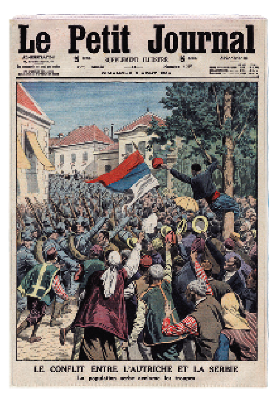 Ilustração. Capa do jornal LE PETIT JOURNAL. Grupo de pessoas saudando militares armados. As pessoas erguem chapéus e os braços. No centro uma bandeira nas cores vermelha, azul e branca.