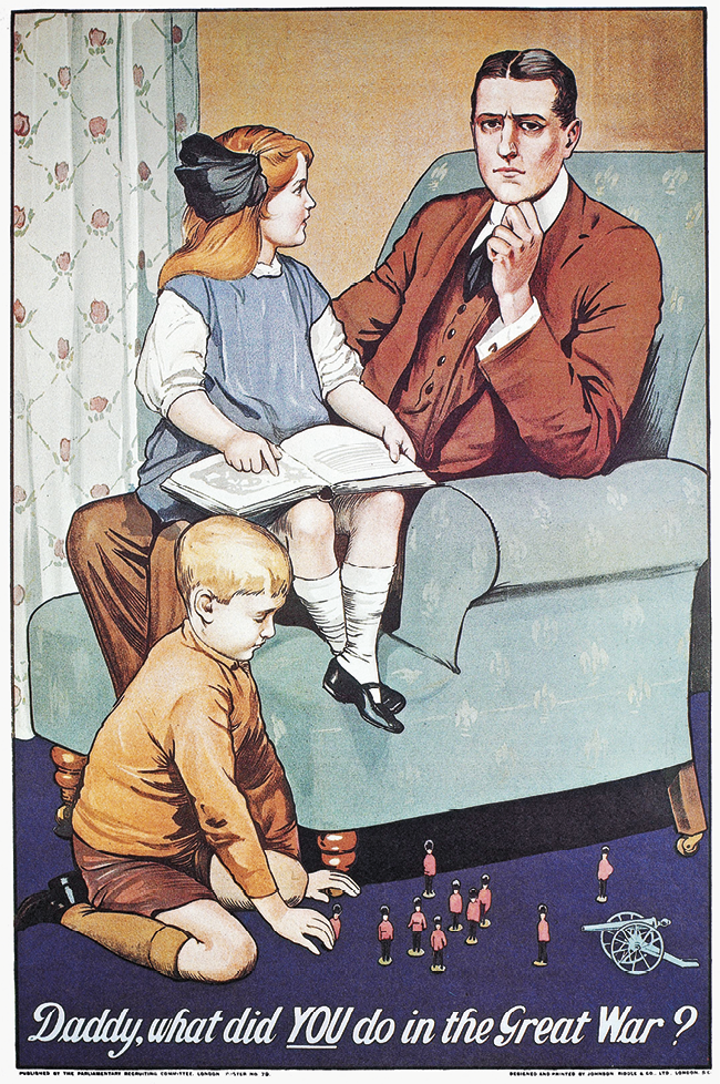 Cartaz. Homem vestindo terno sentado em uma poltrona com uma menina no colo. Ela segura um livro aberto. No chão um menino brinca com pequenos bonecos.