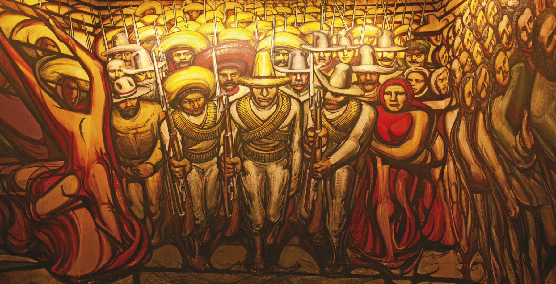 Pintura. Grupo de pessoas reunidas. À direita, mulheres e homens não armados. No centro, homens armados, usando grandes chapéus e carregando cartucheiras penduradas no corpo.