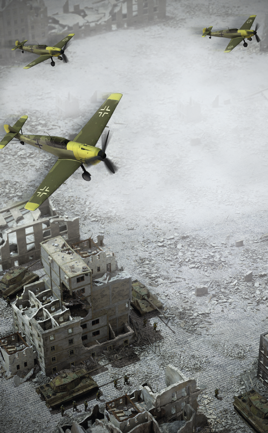 Ilustração. Três aviões militares sobrevoando uma cidade em ruínas.