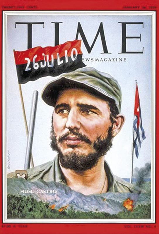 Capa da revista Time. No centro, ilustração de Fidel Castro, homem de sobrancelha grossa, boca pequena, barba cheia e boina verde. Atrás dele, uma bandeira vermelha e preta com a inscrição 26 Julho. À direita, a bandeira de Cuba hasteada. Na parte de baixo da capa, região montanhosa com focos de incêndio.