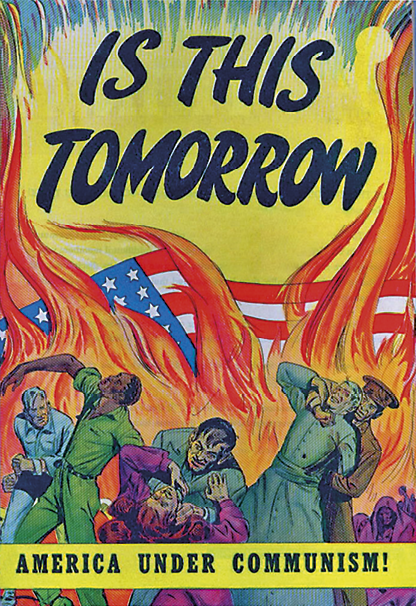 Cartaz. Ilustração de pessoas entre grandes labaredas de fogo. Em meio às chamas, a bandeira dos Estados Unidos. O cartaz apresenta frases em inglês.
