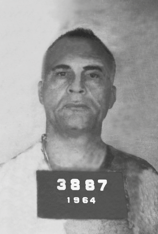Fotografia em preto e branco. Carlos Marighella, homem de rosto oval, cabelos curtos, nariz largo e boca grande. Tem uma placa pendurada no pescoço com a informação 3887 – 1964.