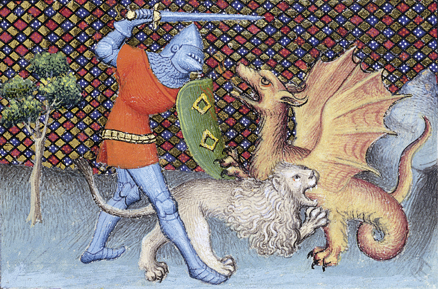 Iluminura. À esquerda, uma pequena árvore e um cavaleiro vestindo uma armadura de metal e uma manta da cor vermelha, segurando um escudo verde numa mão e uma espada na outra. Ele está atacando um dragão, à direita. Abaixo do homem, um leão morde o corpo do dragão. O fundo é quadriculado nas cores azul, vermelho e amarelo.
